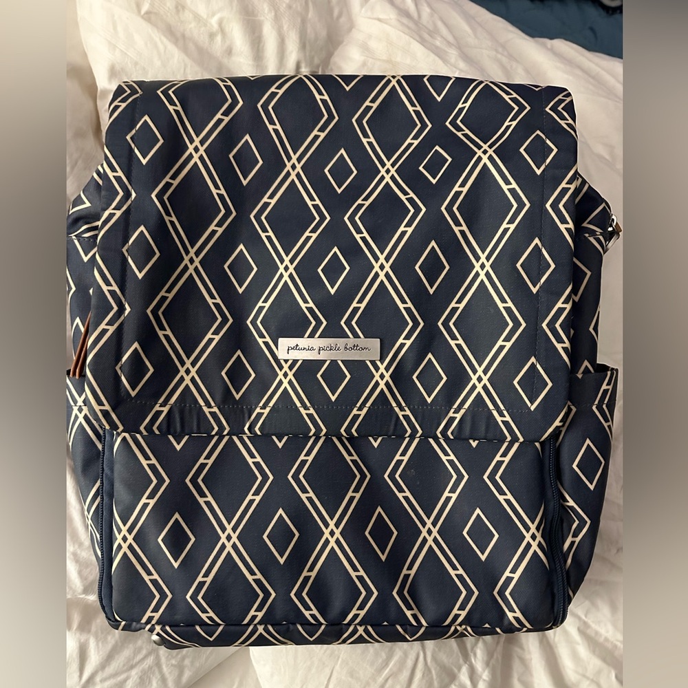 Petunia pickle, bottom, navy blue and white diaper bag/backpack